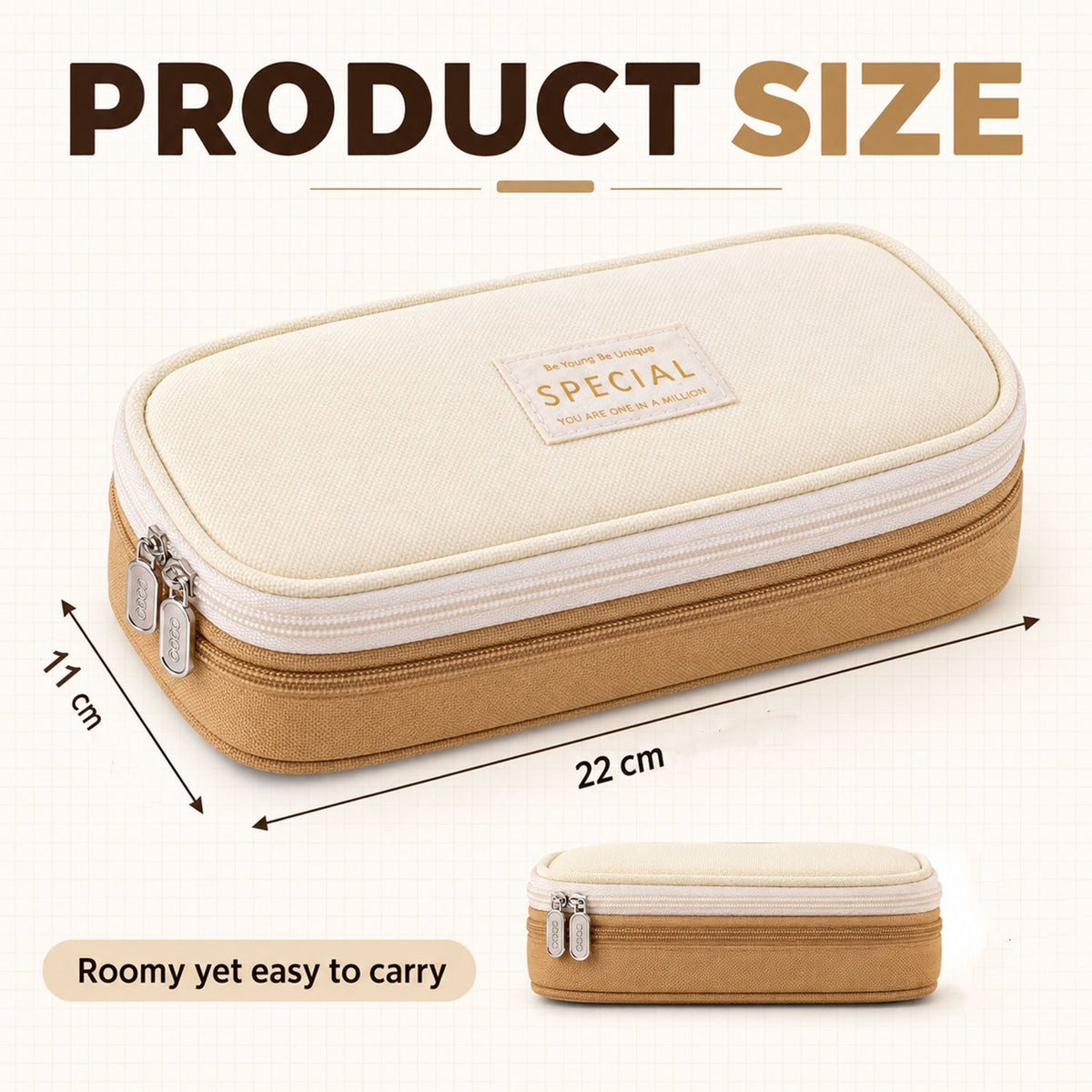 A closed beige canvas pencil case with dimensions 11cm by 22cm indicated, showing its compact size.