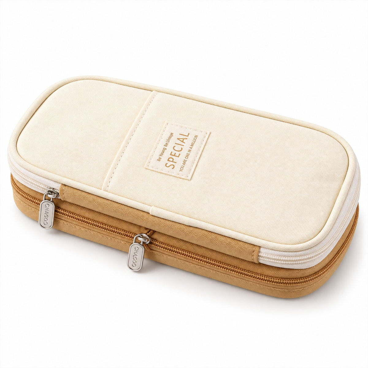 A closed, two-toned beige canvas pencil case with a