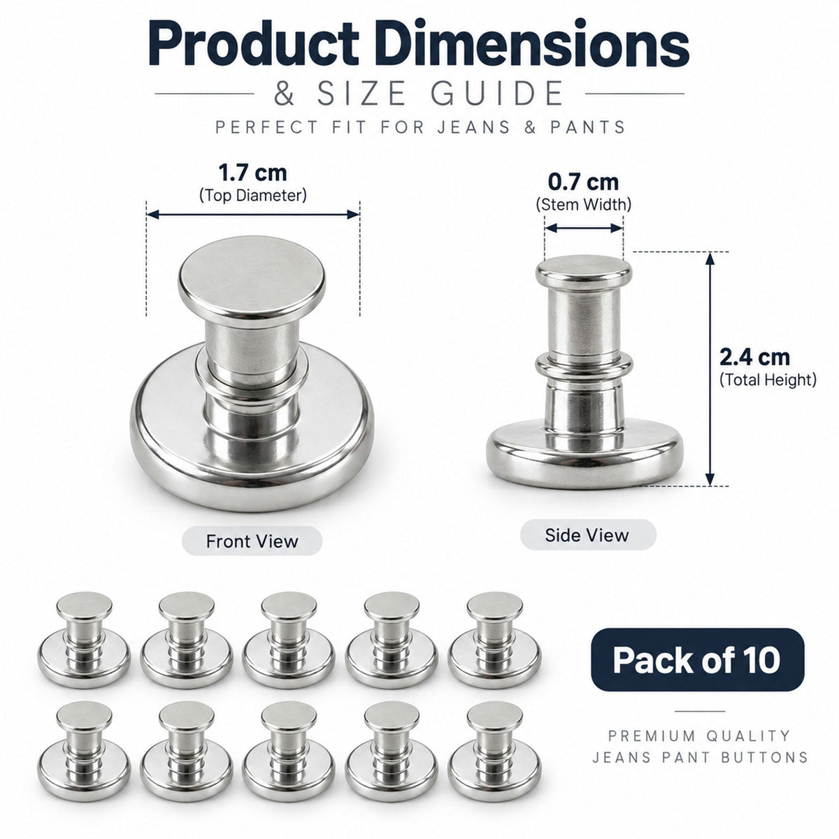 Magnetic push pin clip size guide showing approximately 2.4 cm total height and 1.7 cm top diameter