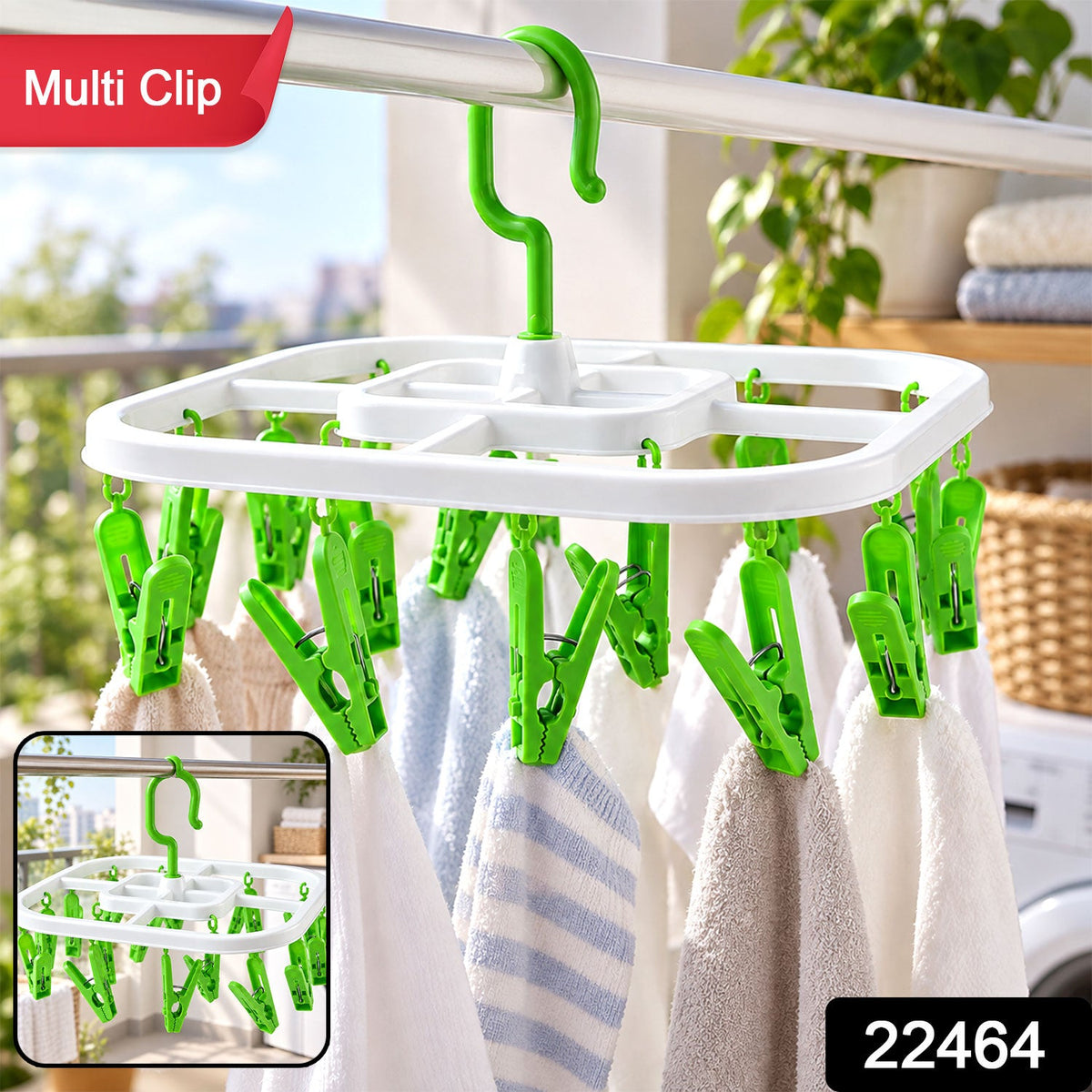 White square drying rack with green clips holding small towels, with an inset image of the rack.
