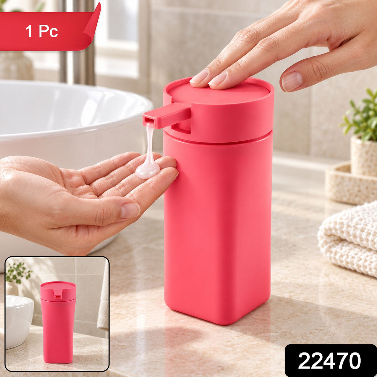 A pink rectangular soap dispenser is pressed by a hand, dispensing liquid into another hand above a sink, with a small inset