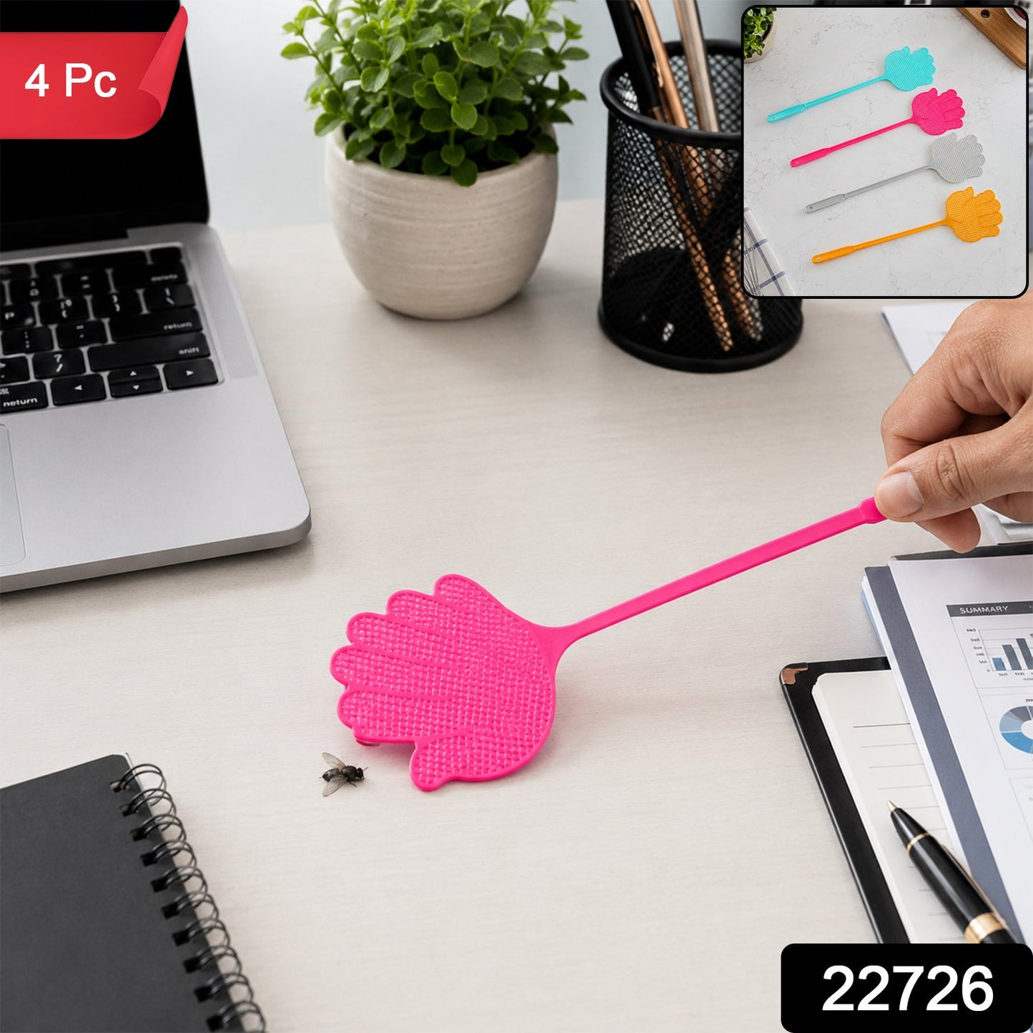 Colourful long handle plastic fly swatter, 4 piece set