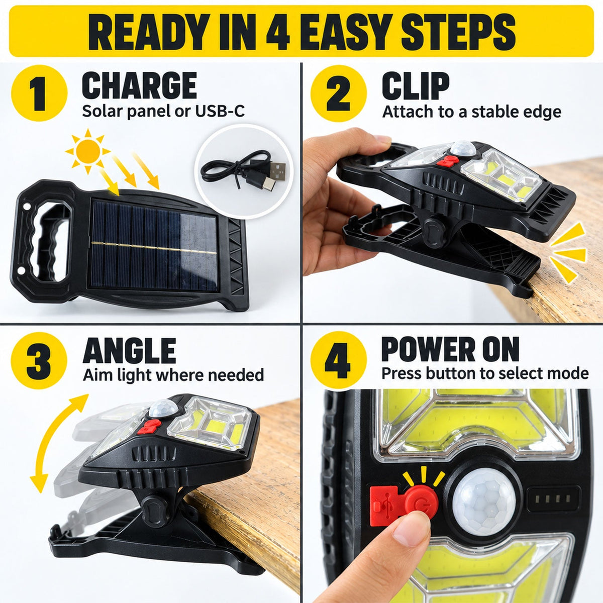 Solar motion sensor rechargeable clip light - view 05