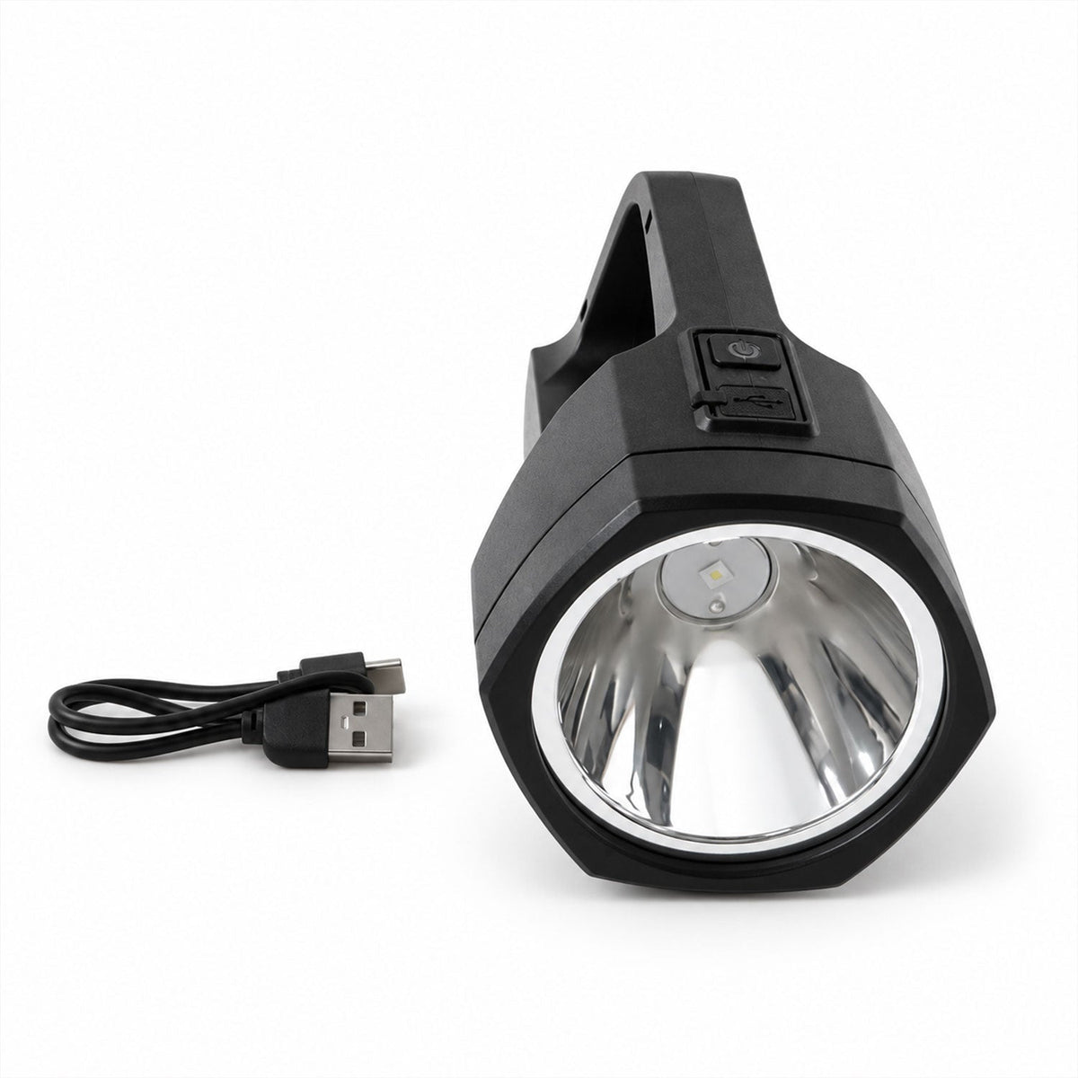 A black handheld torch with a silver reflector and a short black USB-C charging cable on a white surface.