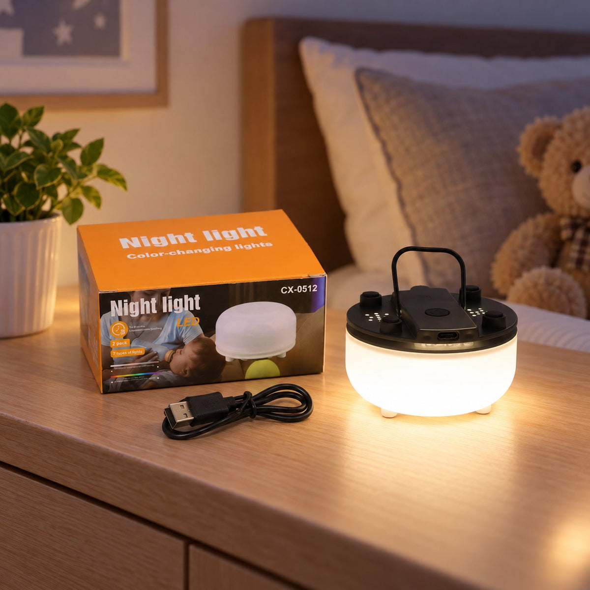 A white and black portable night light illuminating a bedside table next to its orange packaging and a USB cable.