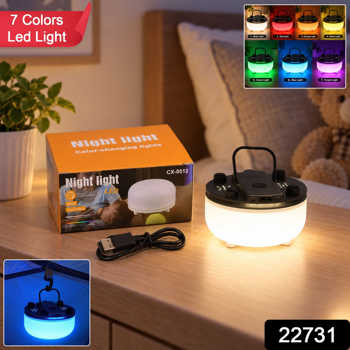 A night light glows white on a wooden nightstand, with its packaging and a USB cable beside it, and an overlay showing