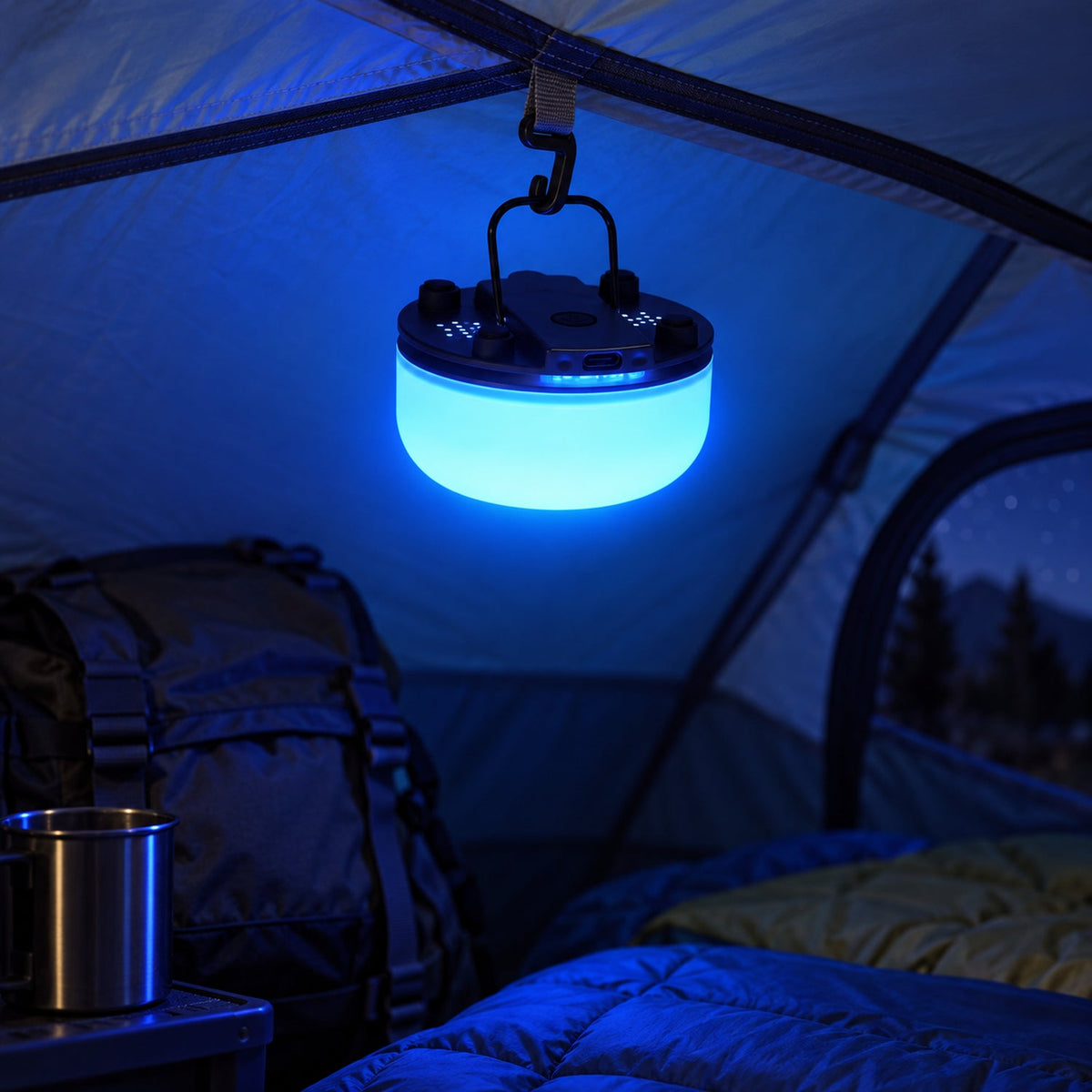 A blue glowing night light hangs inside a tent, illuminating a sleeping bag and backpack at night.