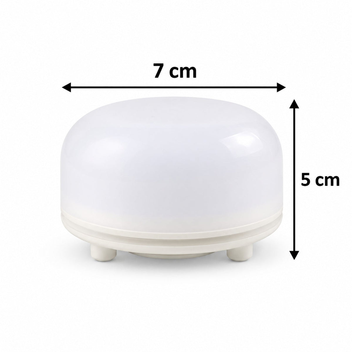 A white dome-shaped night light with small feet, displaying its dimensions of 7 cm width and 5 cm height.