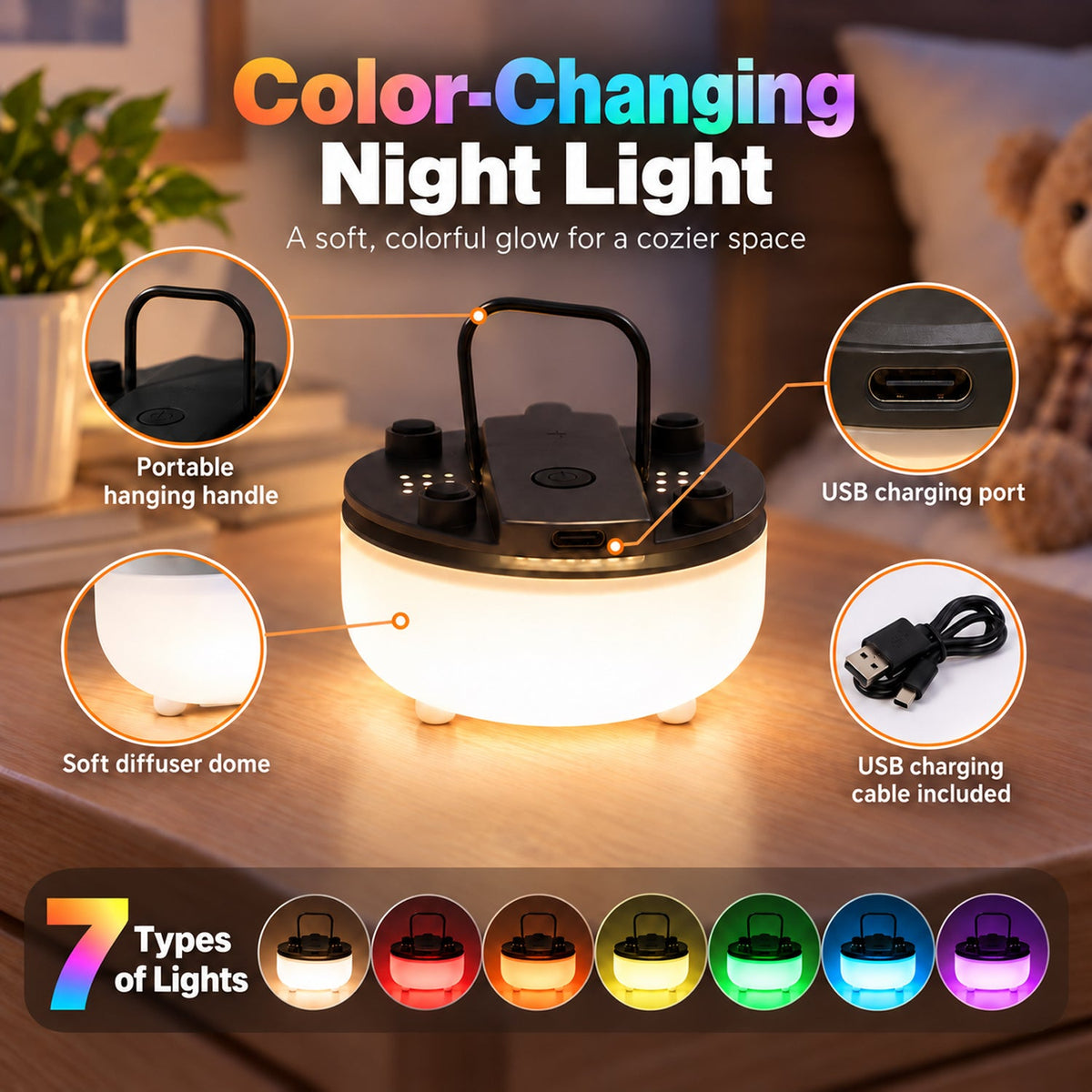 A glowing night light with a handle on a wooden surface, surrounded by callouts highlighting its features and different