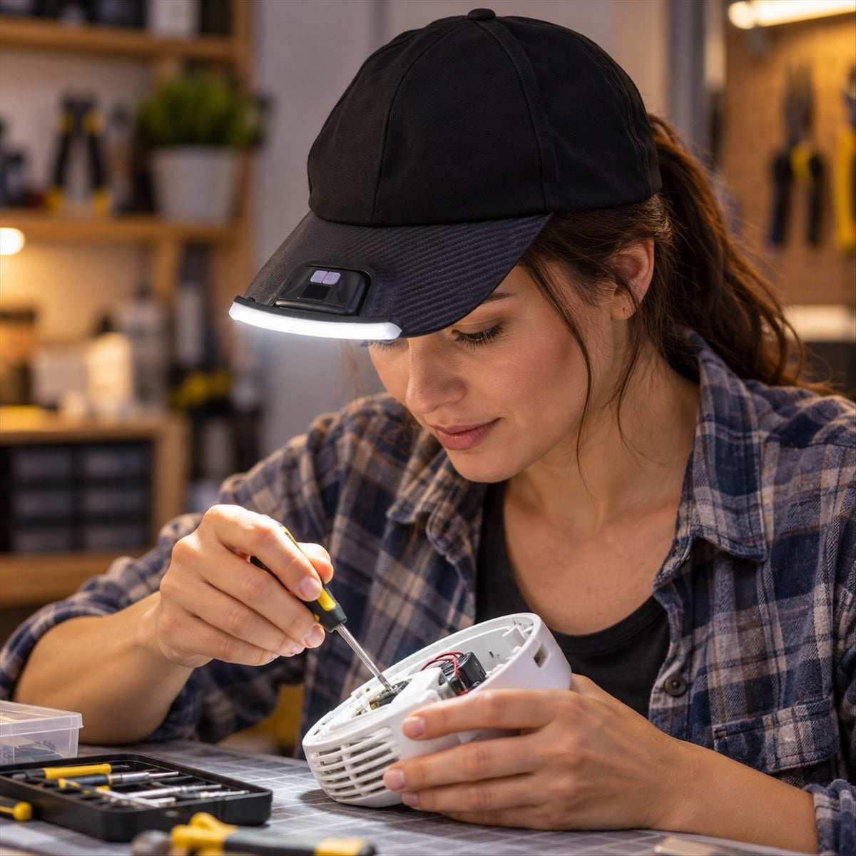 A woman wearing a black baseball cap with an LED light, using a screwdriver to repair an electronic device at a workbench.