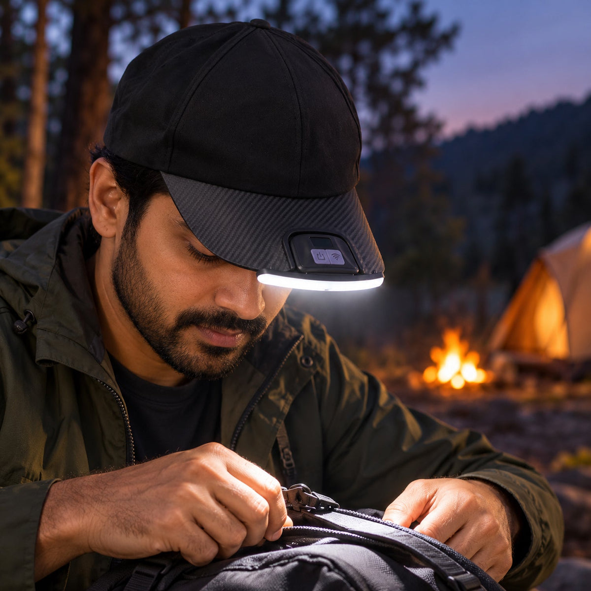 A man wearing a black baseball cap with a bright LED light, focusing on a backpack zipper in a dimly lit outdoor environment
