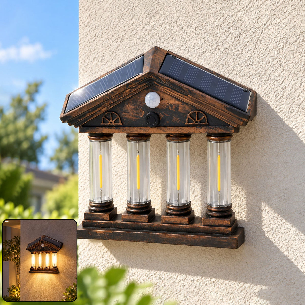 A solar-powered wall light with four glowing columns, shaped like a miniature building, affixed to an outdoor wall with