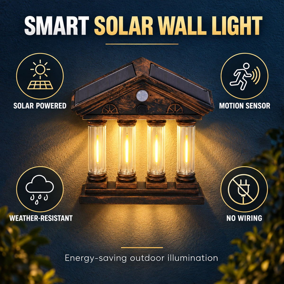 A dark image of the solar wall light with four bright columns, surrounded by icons indicating its solar power, motion