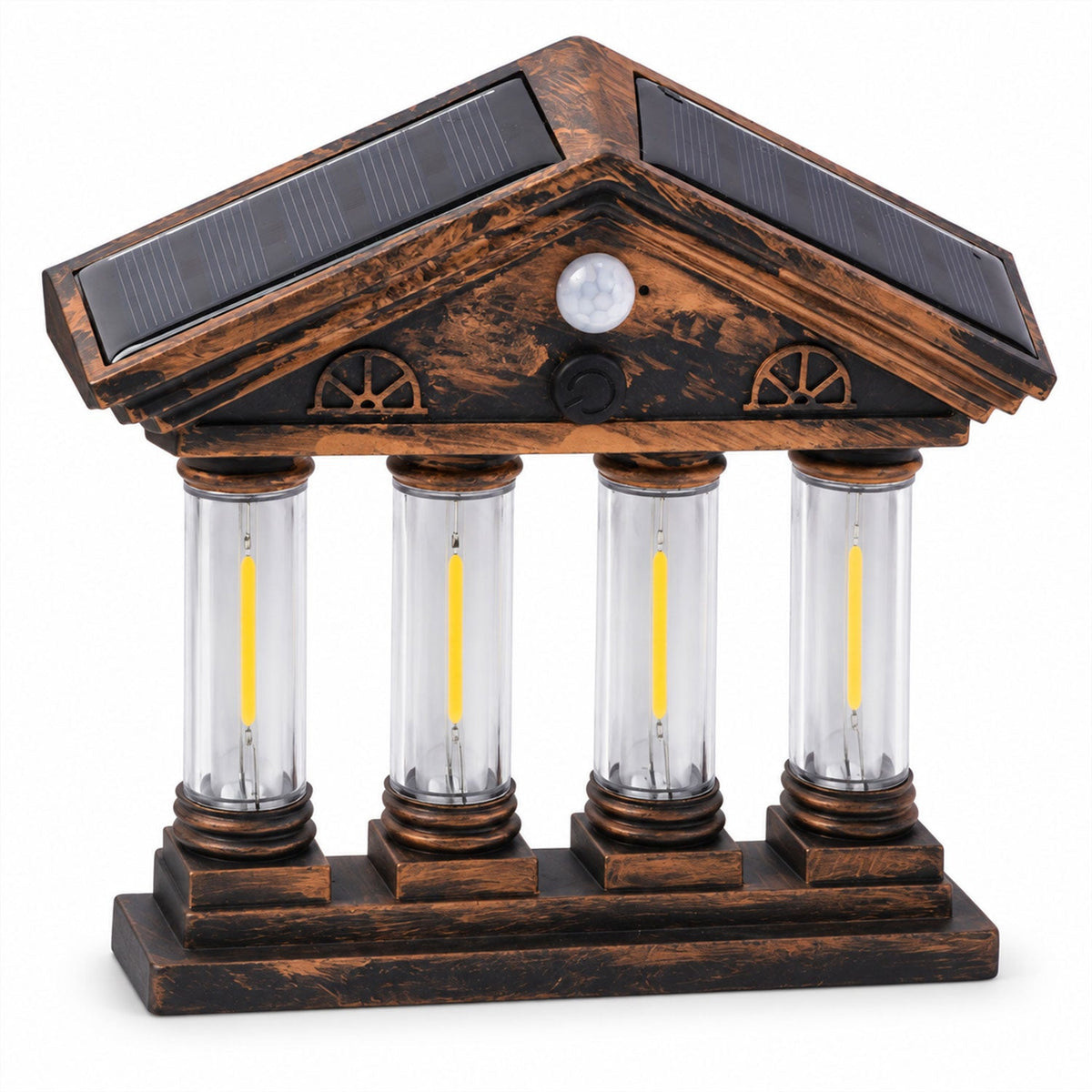 A close-up studio shot of the bronze-colored solar wall light, featuring four clear columns with yellow light strips and two