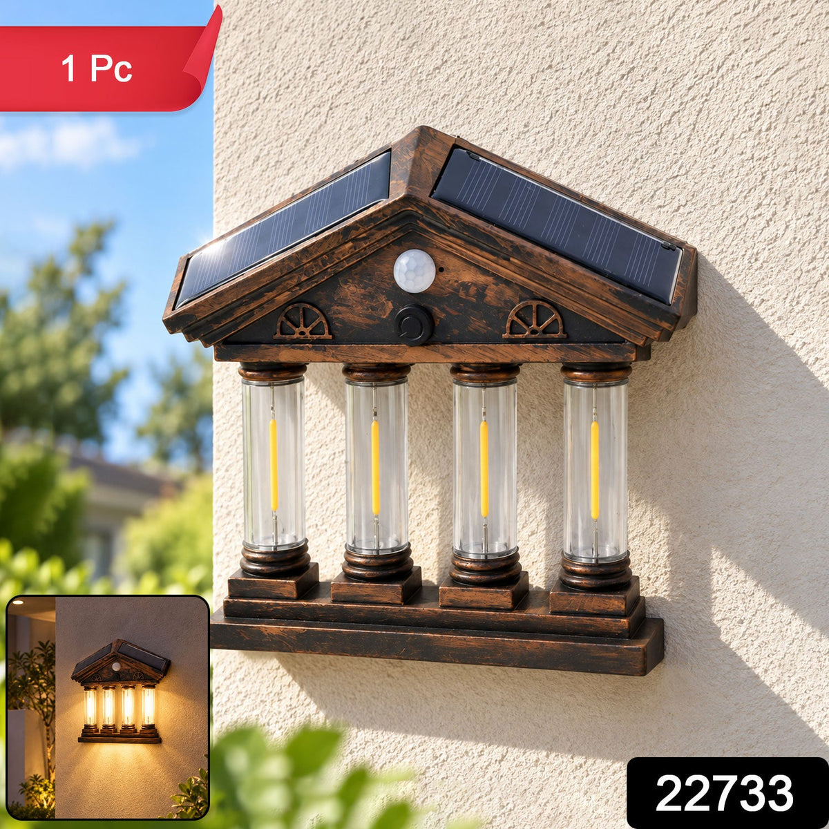 A bronze-colored solar wall light with four illuminated columns and a small inset showing the light glowing warmly at night.