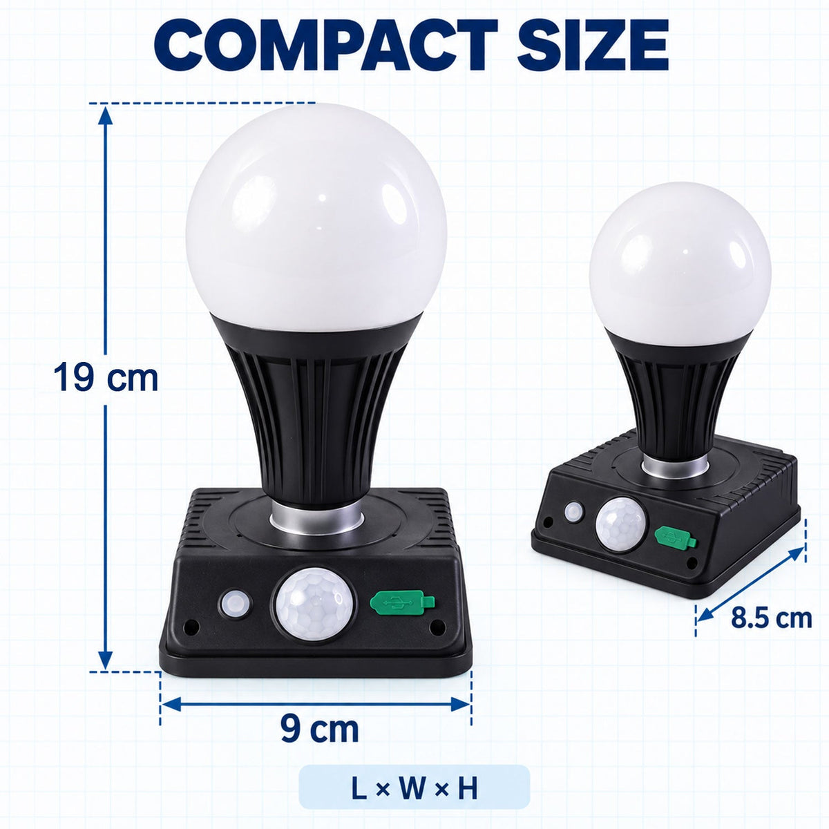 Two black solar lights with white globe bulbs, showing dimensions of 19cm height, 9cm width, and 8.5cm depth.