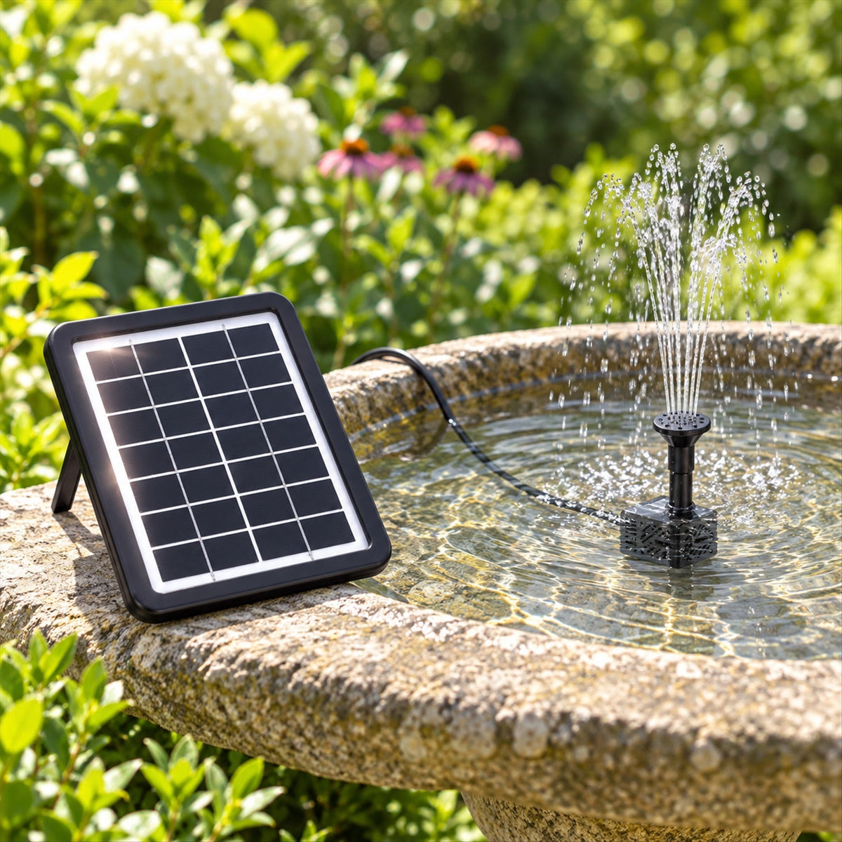 A black solar panel stands beside a stone birdbath with a small fountain pump actively spraying water.