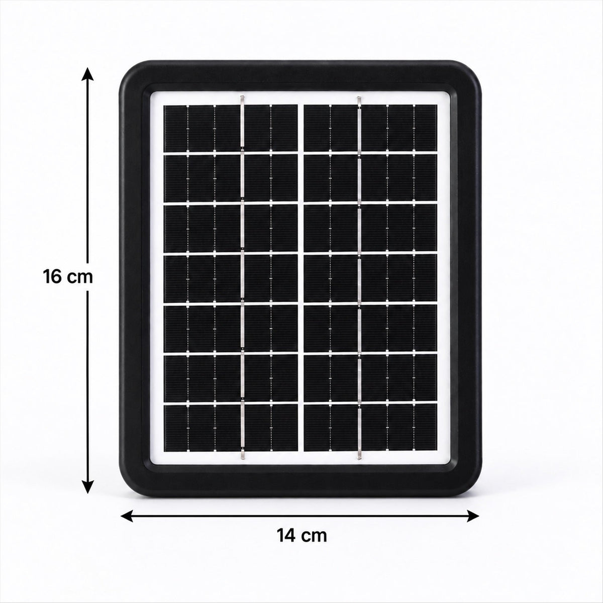 A black solar panel with white grid lines is shown with dimensions of 16 cm height and 14 cm width.