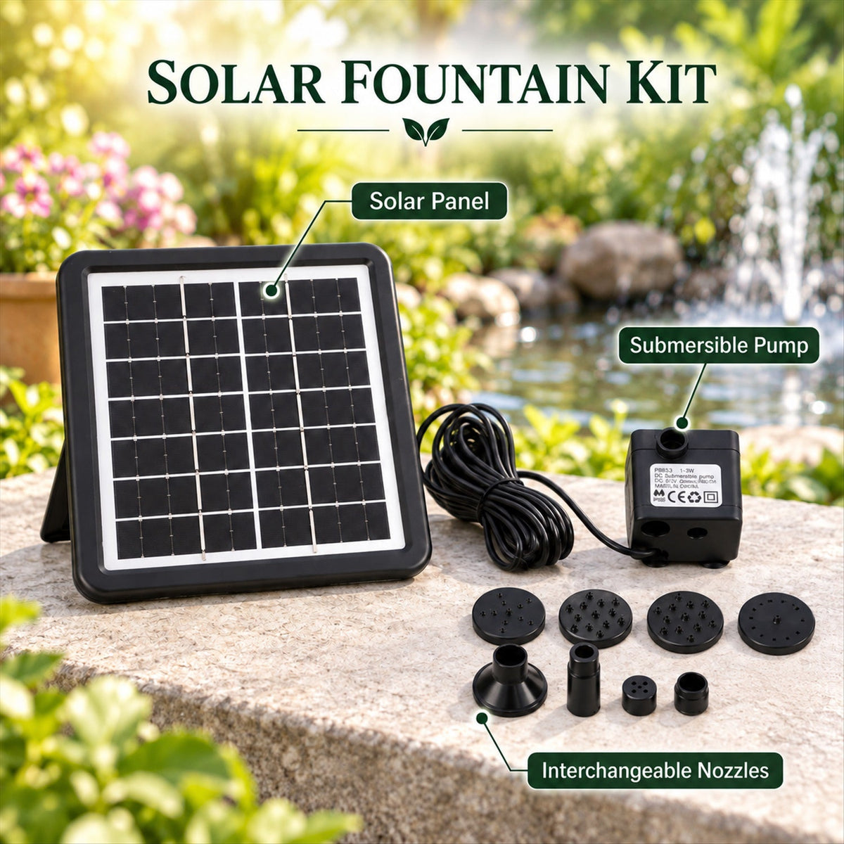 A solar panel, pump, and nozzles are arranged on a stone surface with text labels for each component.