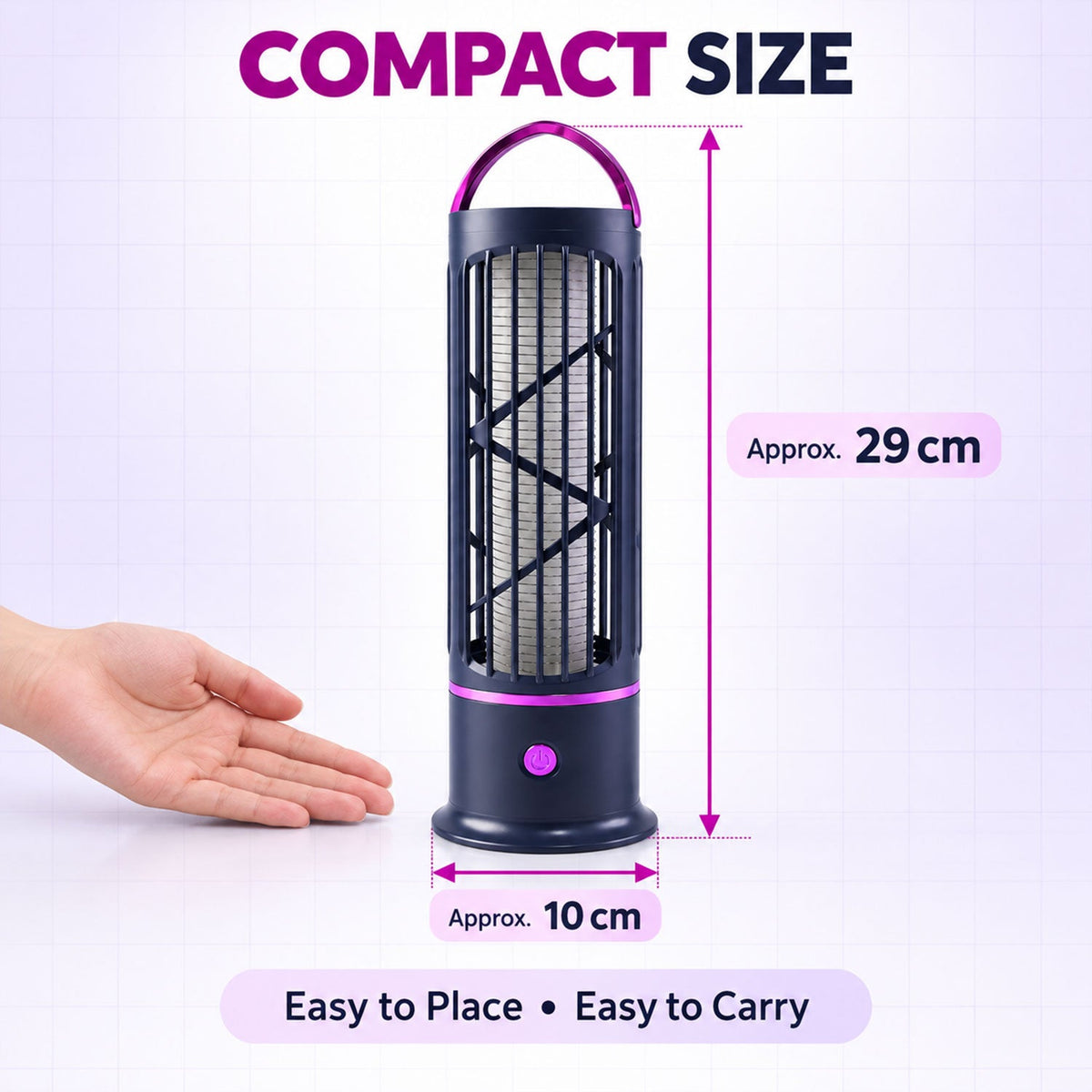 A diagram showing the lamp's dimensions, approximately 29 cm tall and 10 cm wide, next to a hand for scale.