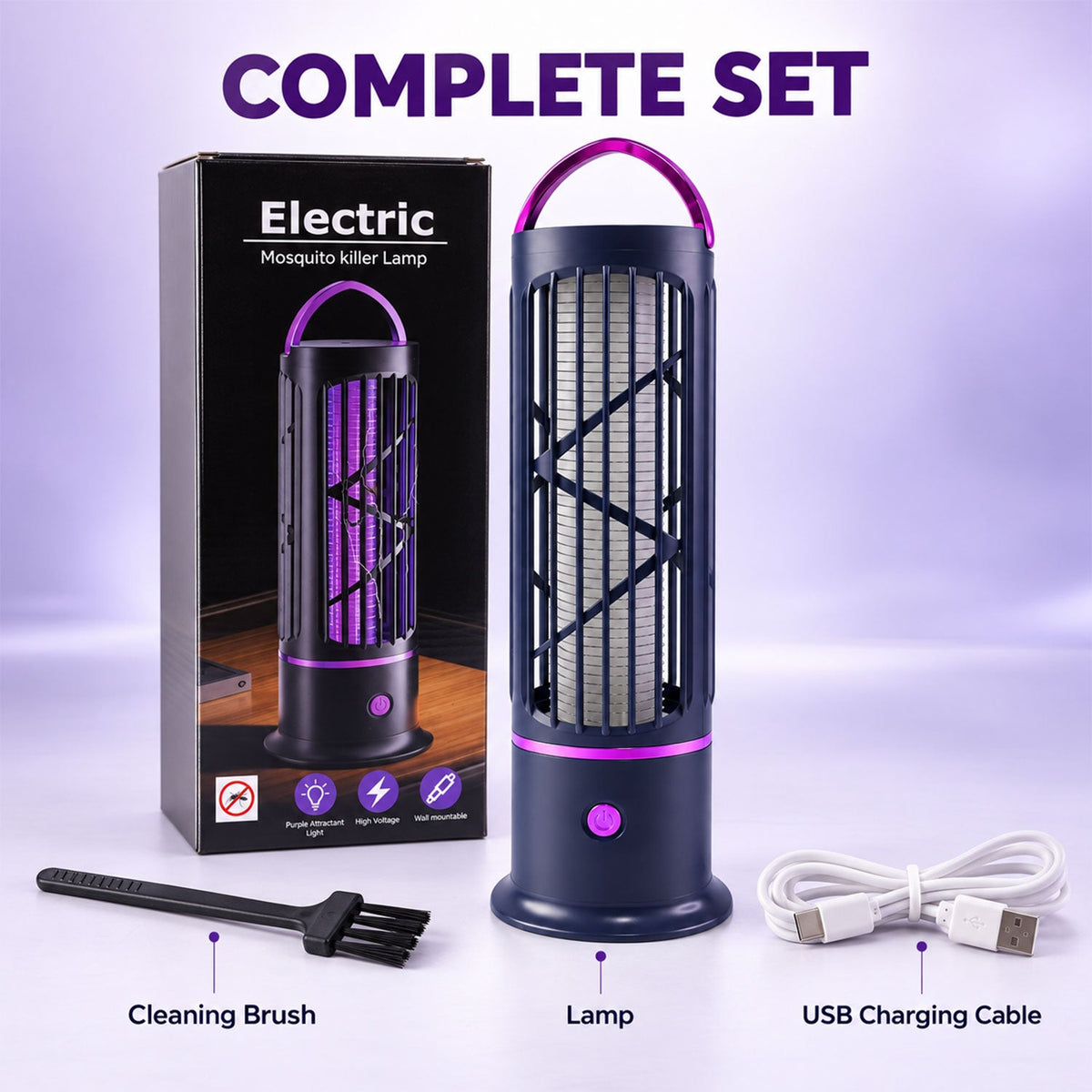 The mosquito lamp, its box, a cleaning brush, and a USB charging cable are arranged on a purple background.