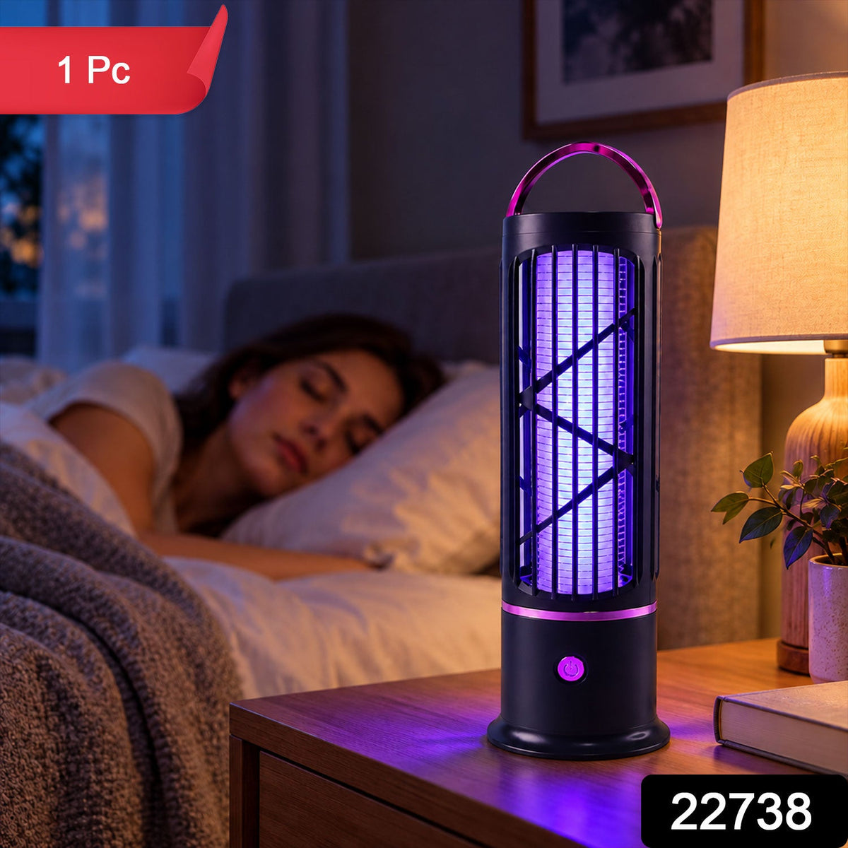 A black and purple mosquito lamp with a glowing purple light sits on a nightstand beside a sleeping woman.