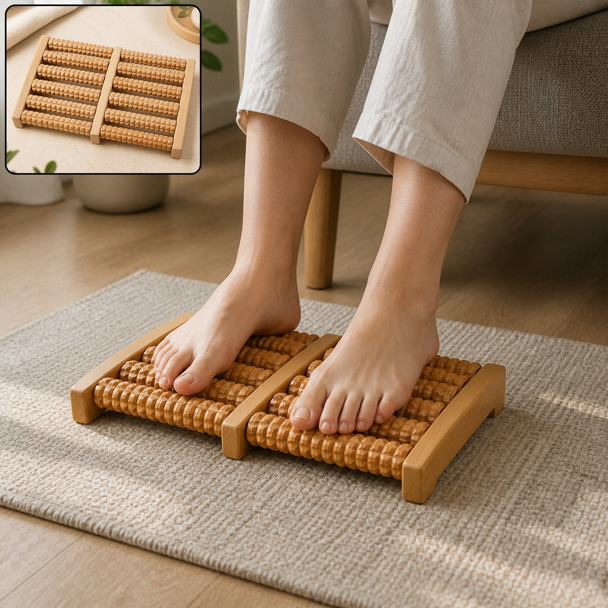 Manual wooden foot roller massager in use
