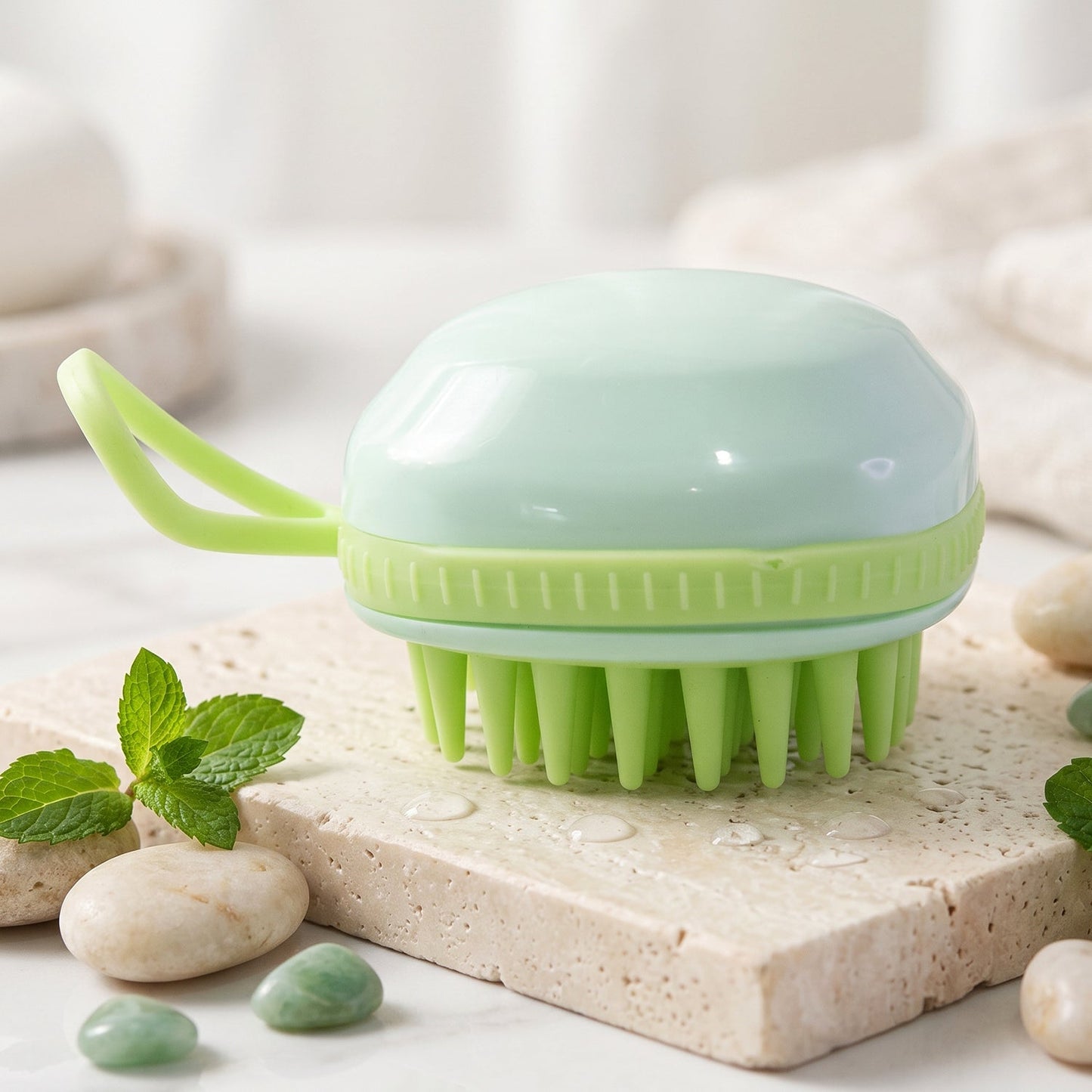 Close up of the soft silicone scalp brush bristles