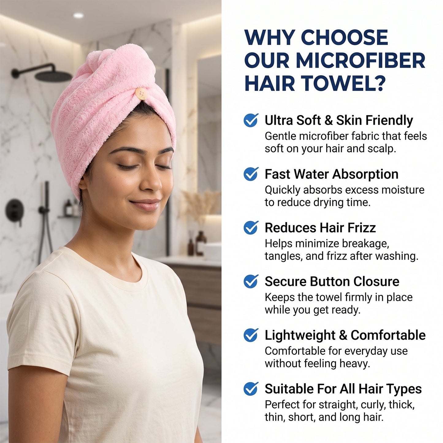 Microfiber hair wrap towel cap features