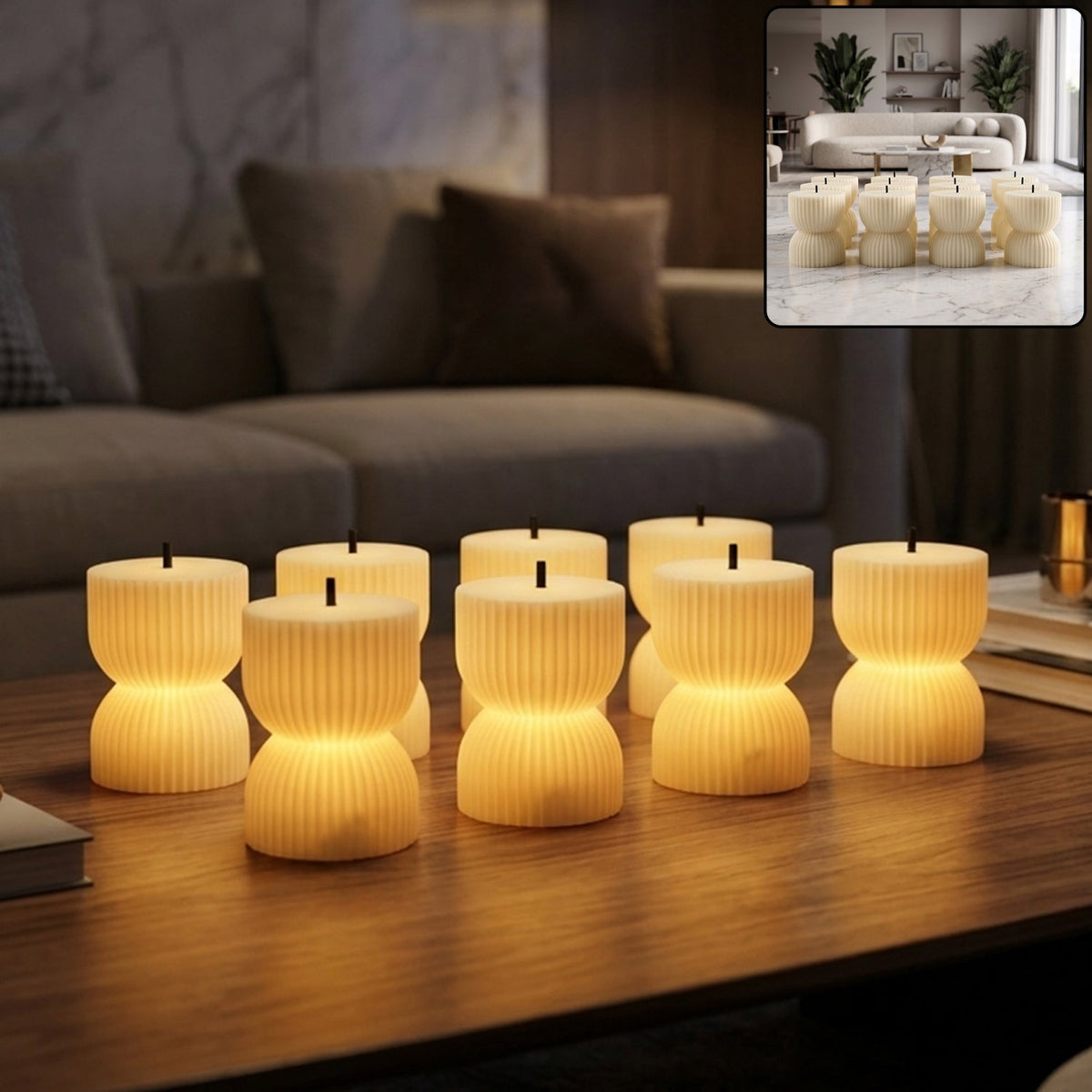 Seven illuminated, ribbed, hourglass-shaped LED candles glow warmly on a dark wood coffee table in a living room.