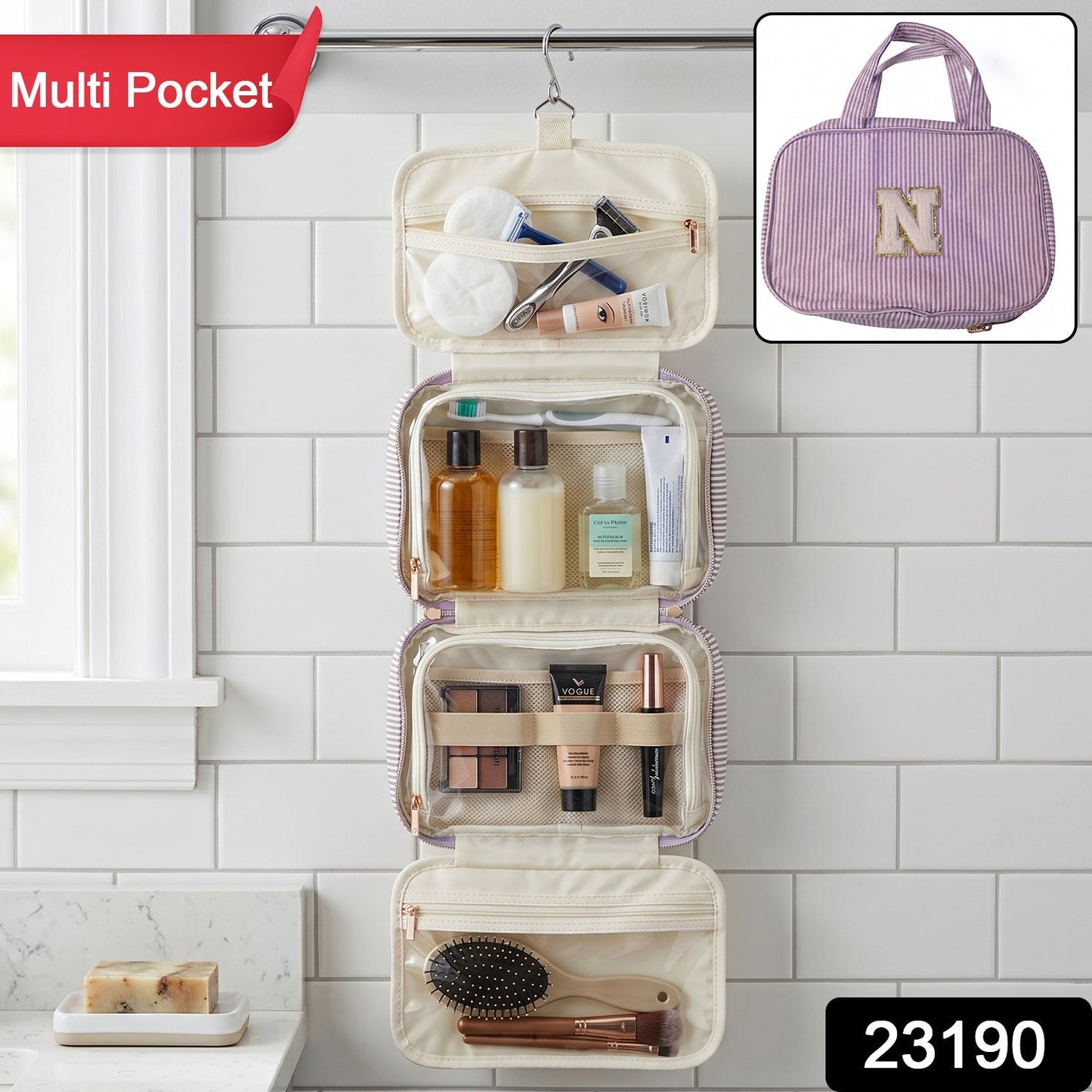 Open travel organizer bag with toiletries