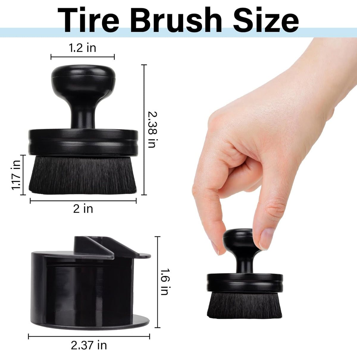 Diagram showing the dimensions of the black detailing brush and its base, with a hand holding the brush for scale.