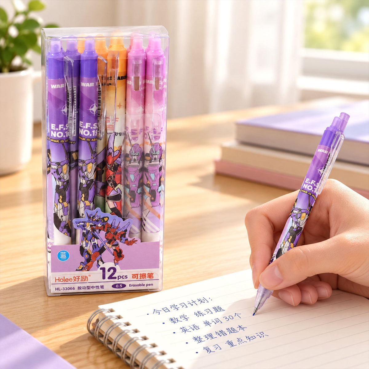 Erasable gel pens with mecha print built in eraser and 0.5 mm tips twelve piece set 01