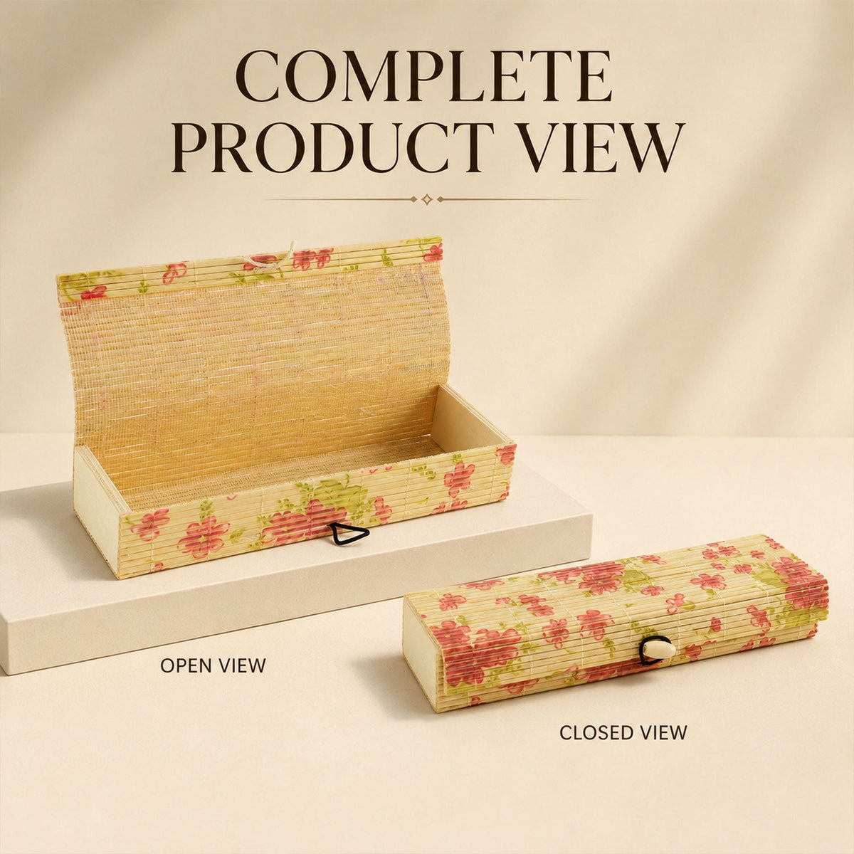 Decorative wooden storage box open and closed view
