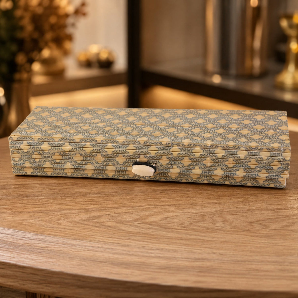 Decorative wooden empty gift box closed view
