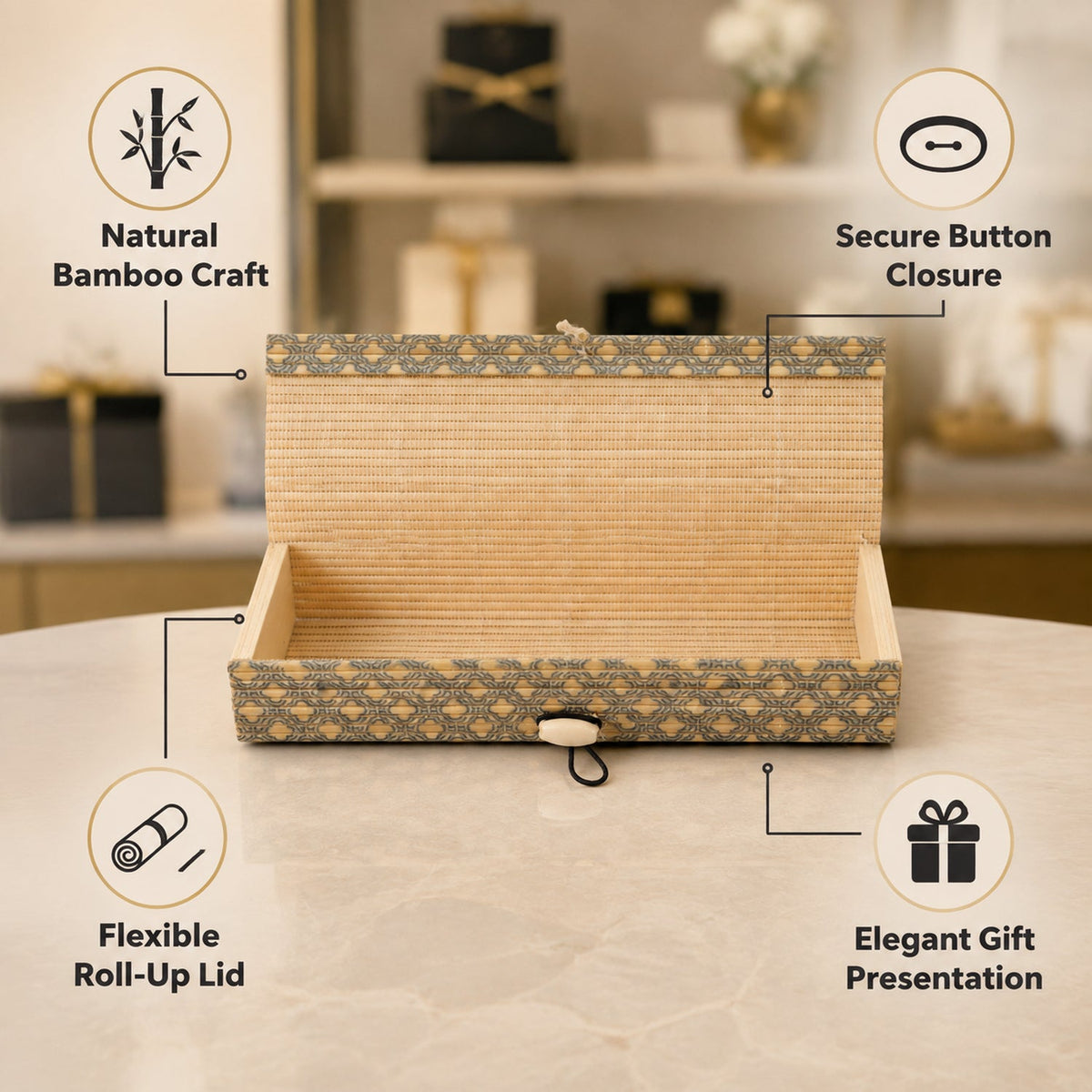 Decorative wooden box features and closure