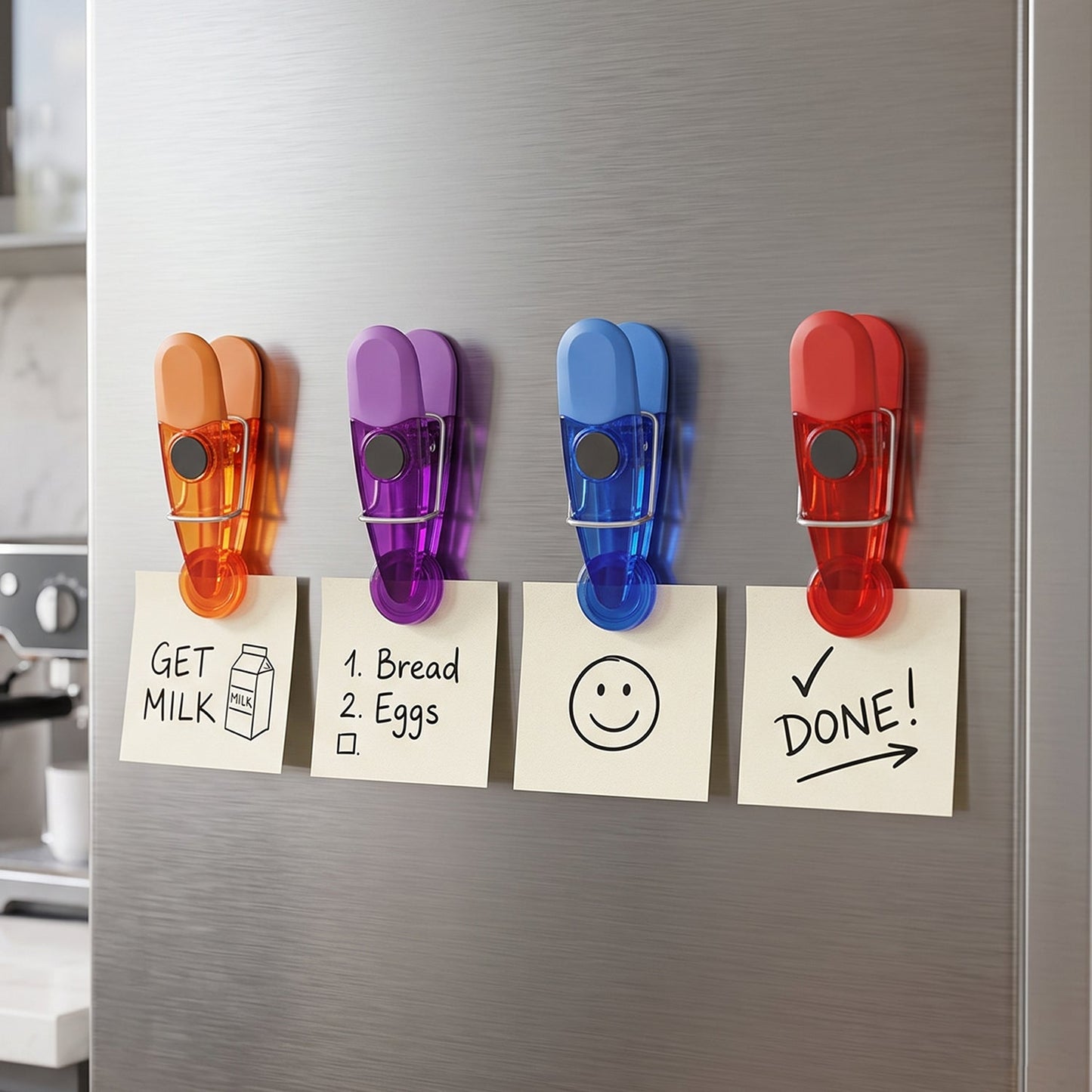 Refrigerator magnetic note clips in use