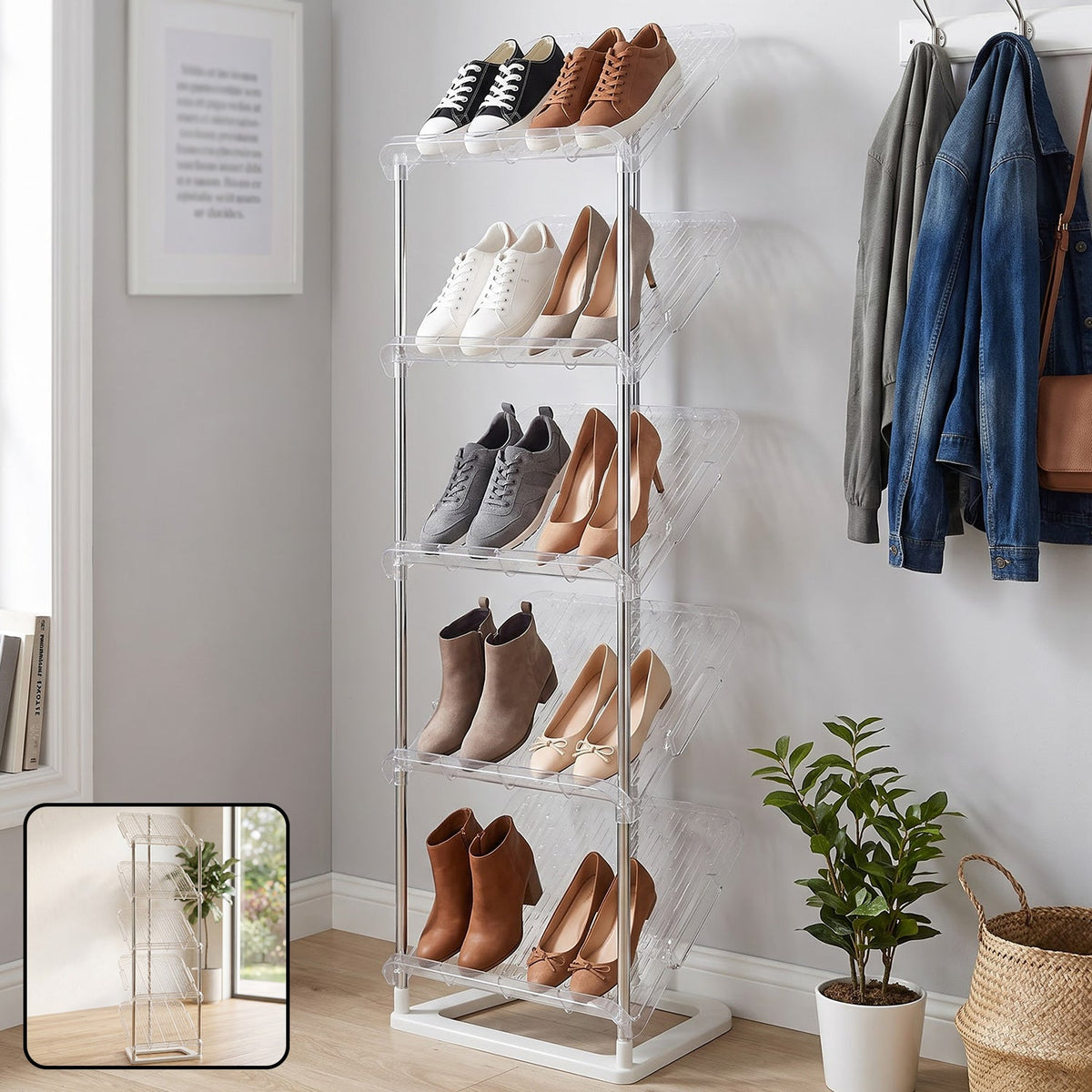 5 tier shoe storage rack in organized home entryway
