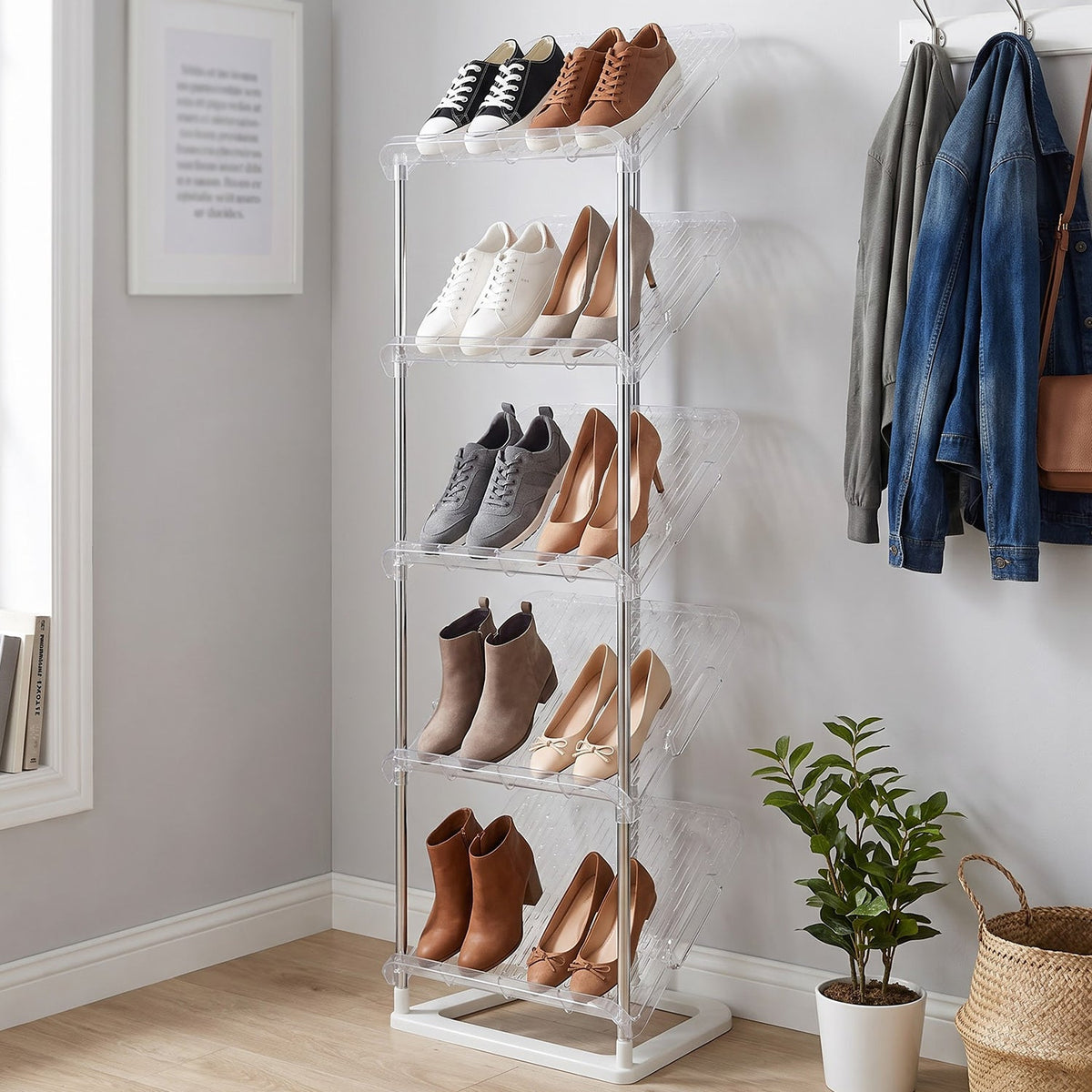Space saving shoe organizer with slanted shelves