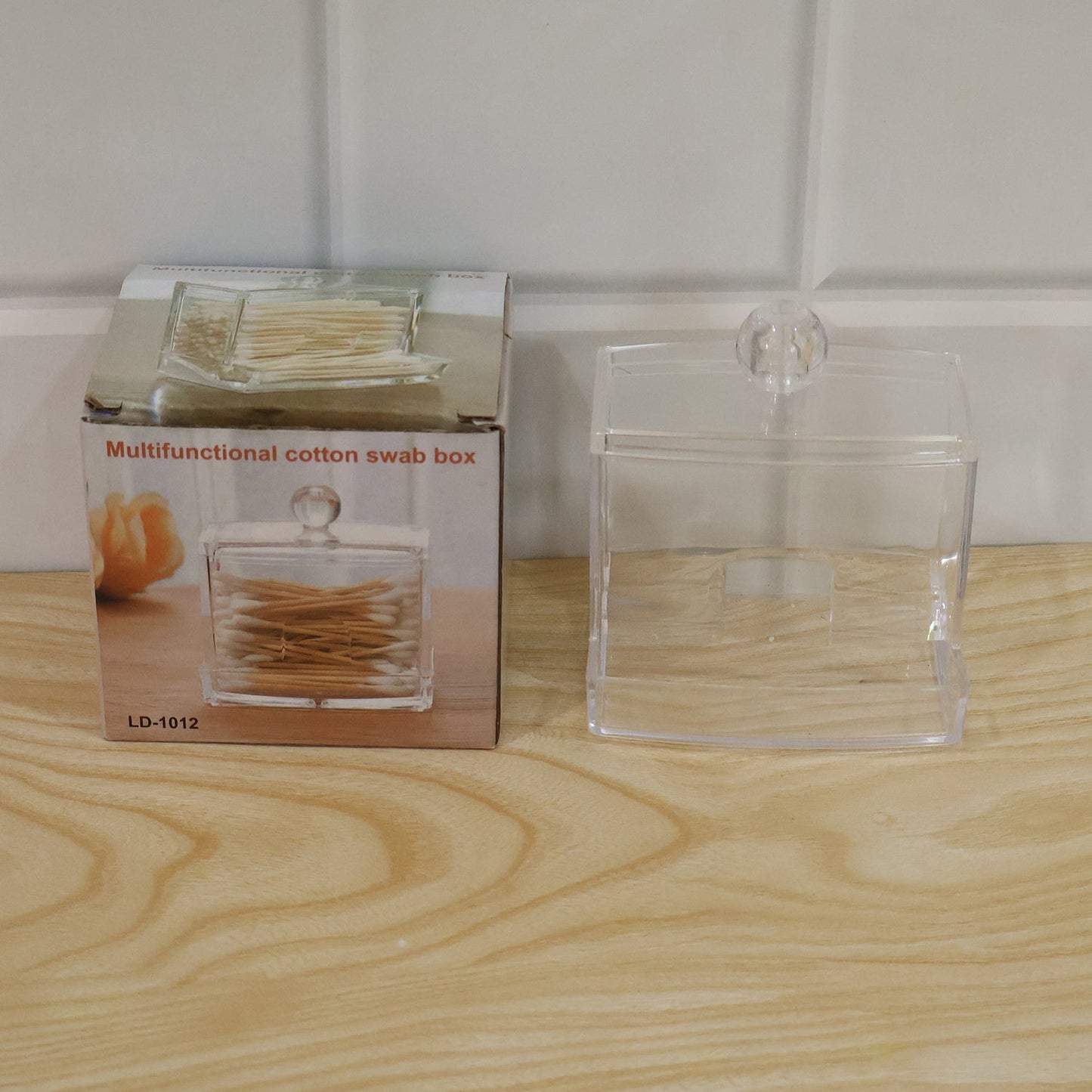 Live photo of acrylic cotton swab organizer box