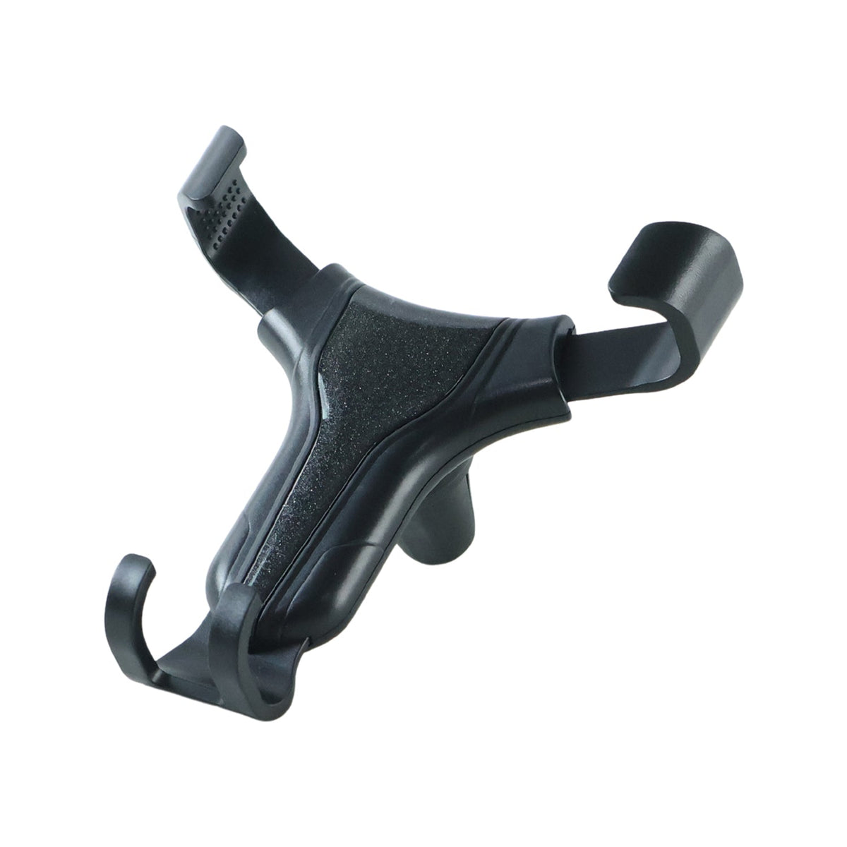 A black gravity lock car phone holder with textured grip pads shown on a plain white background.