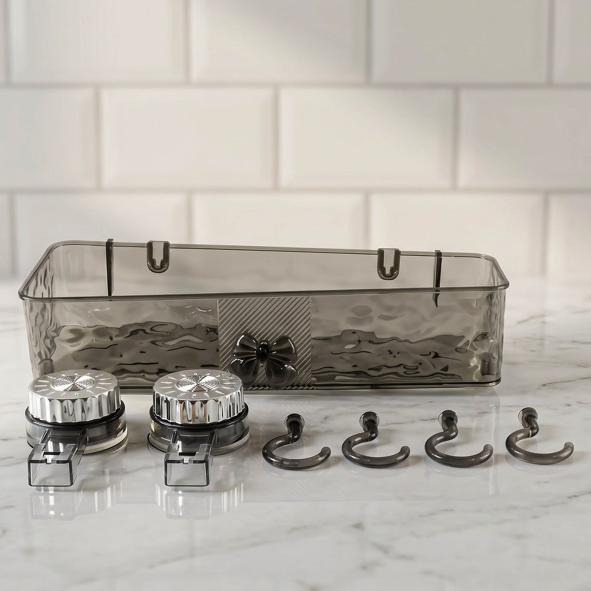 Bathroom storage shelf set with suction mounts and hooks