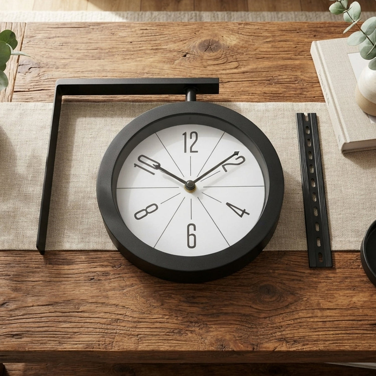 The black double-sided clock with a white face and black numbers is disassembled on a wooden table with a fabric runner,