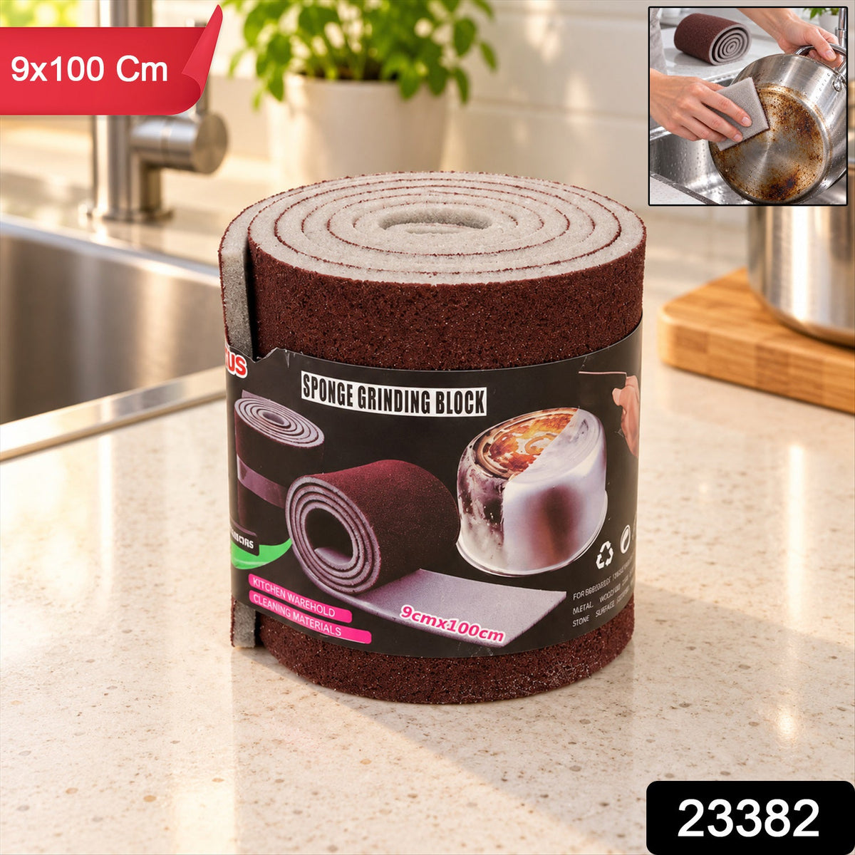 A brown abrasive sponge roll with a label, on a kitchen counter, with a red banner and number overlay.