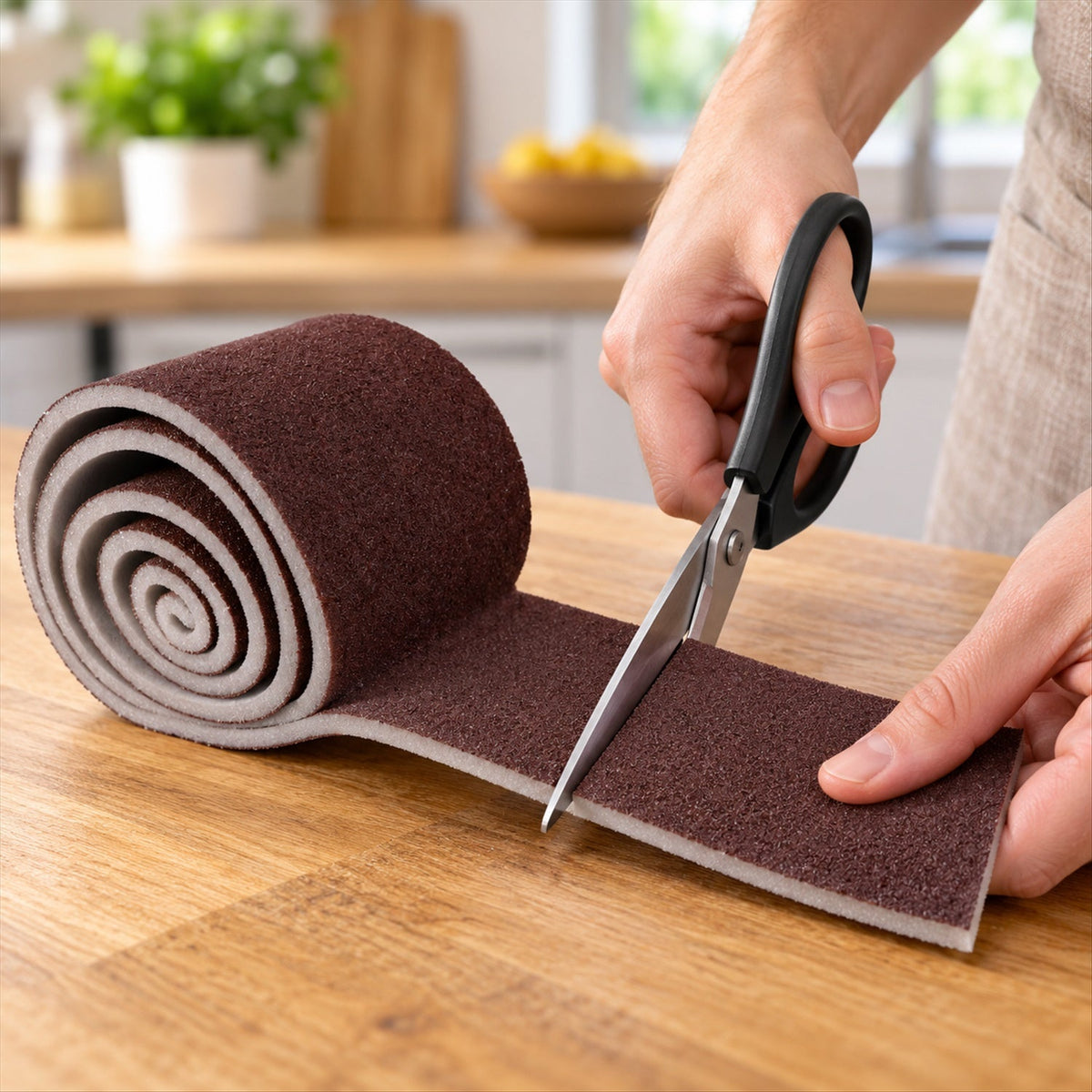 Hands cutting a piece from a long roll of brown abrasive sponge with black-handled scissors on a wooden surface.