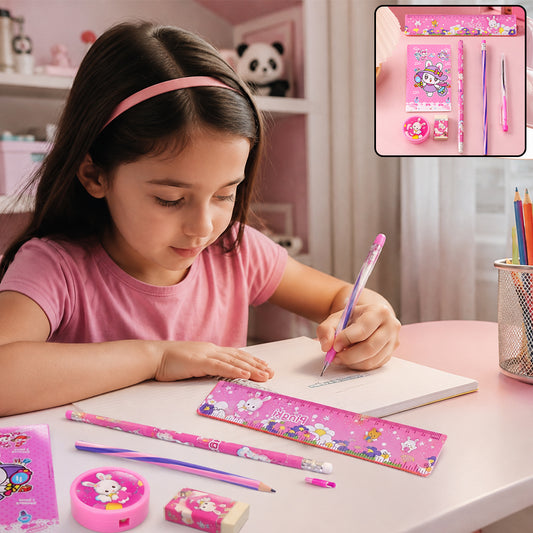 7-In-1 Cute Pink Stationery Set with Ruler, Pencil, Eraser, Pen, Notebook, Sharpener