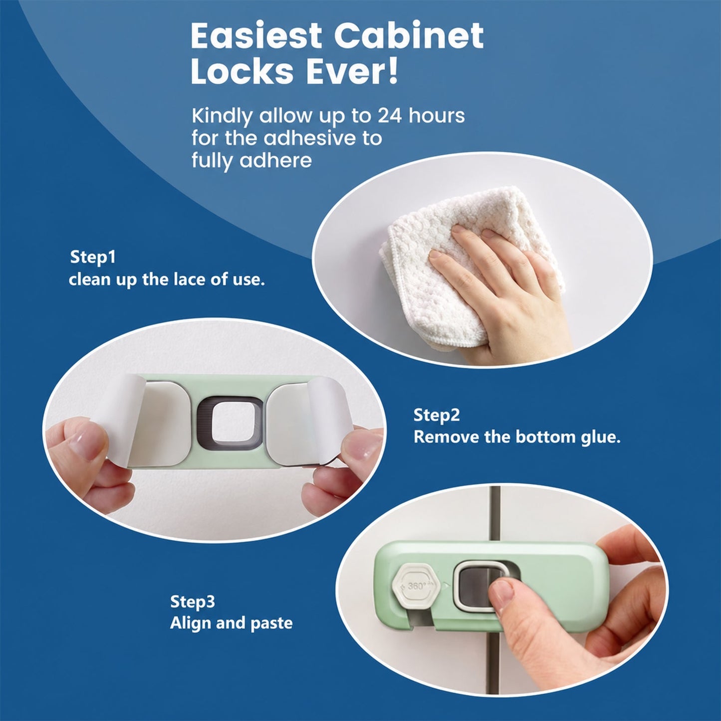 Adhesive child safety cabinet lock installation steps