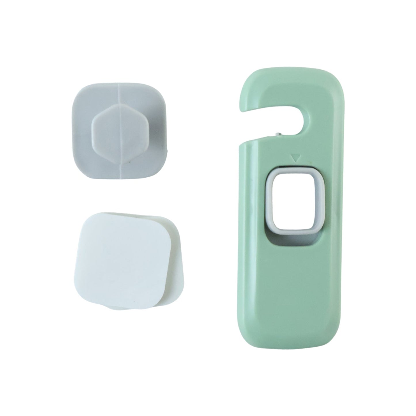 Adhesive child safety refrigerator lock parts on white background