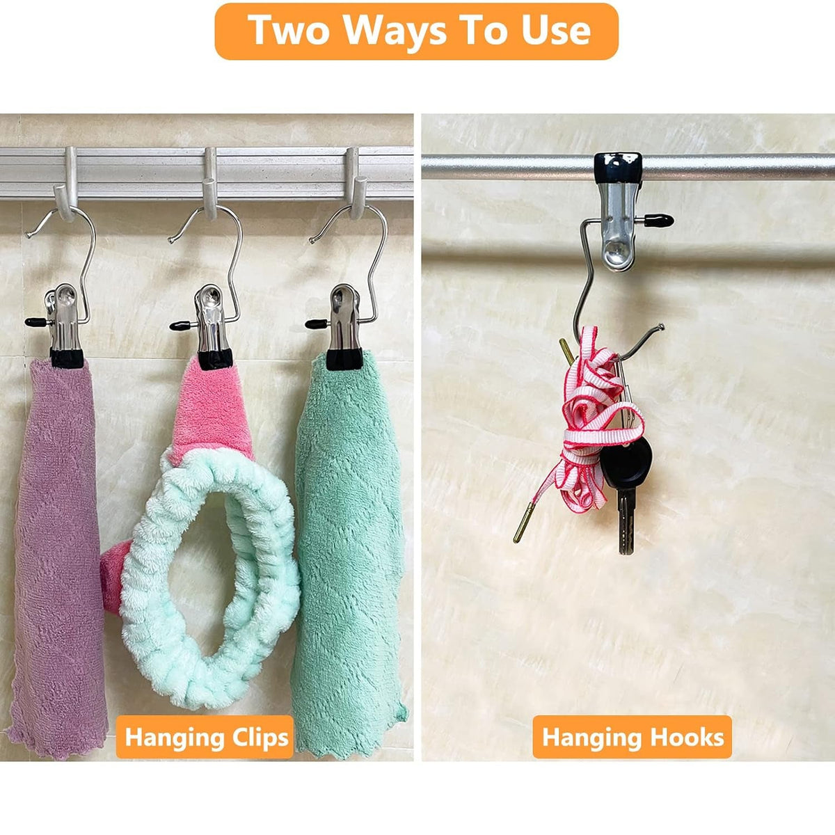 Two ways to use the hangers are shown: three hangers clip onto a rod holding towels and a hair scrunchie, and one hanger