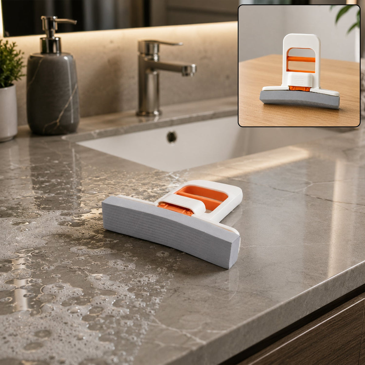 A white and orange mini sponge mop with a grey sponge head lies on a wet, soapy grey marble countertop next to a sink.